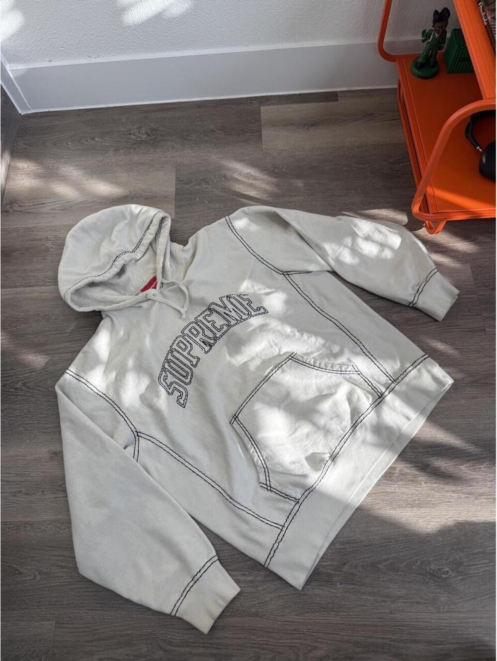 White Supreme Hoodie with Black Stitching, Men's Size, Very Good Condition